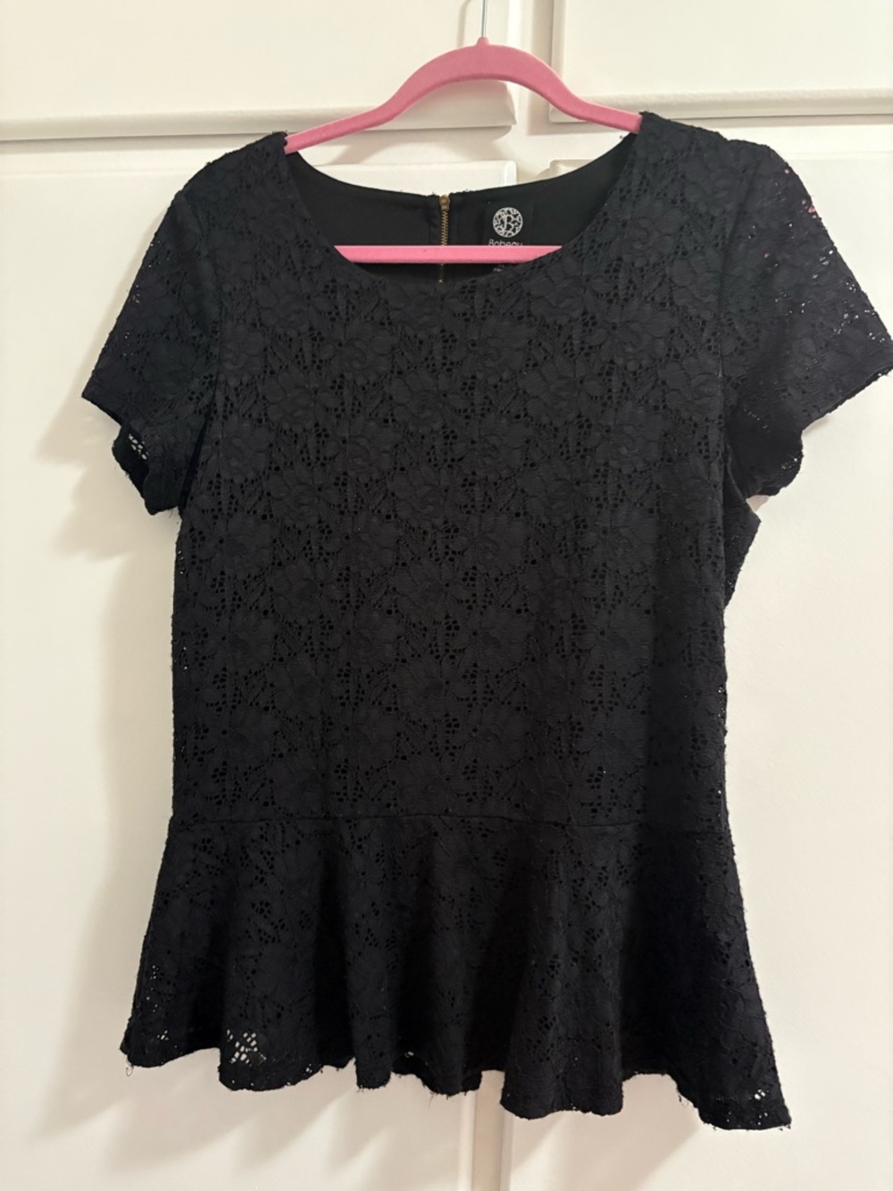 Bobeau Black Short-Sleeve Lace Peplum Top